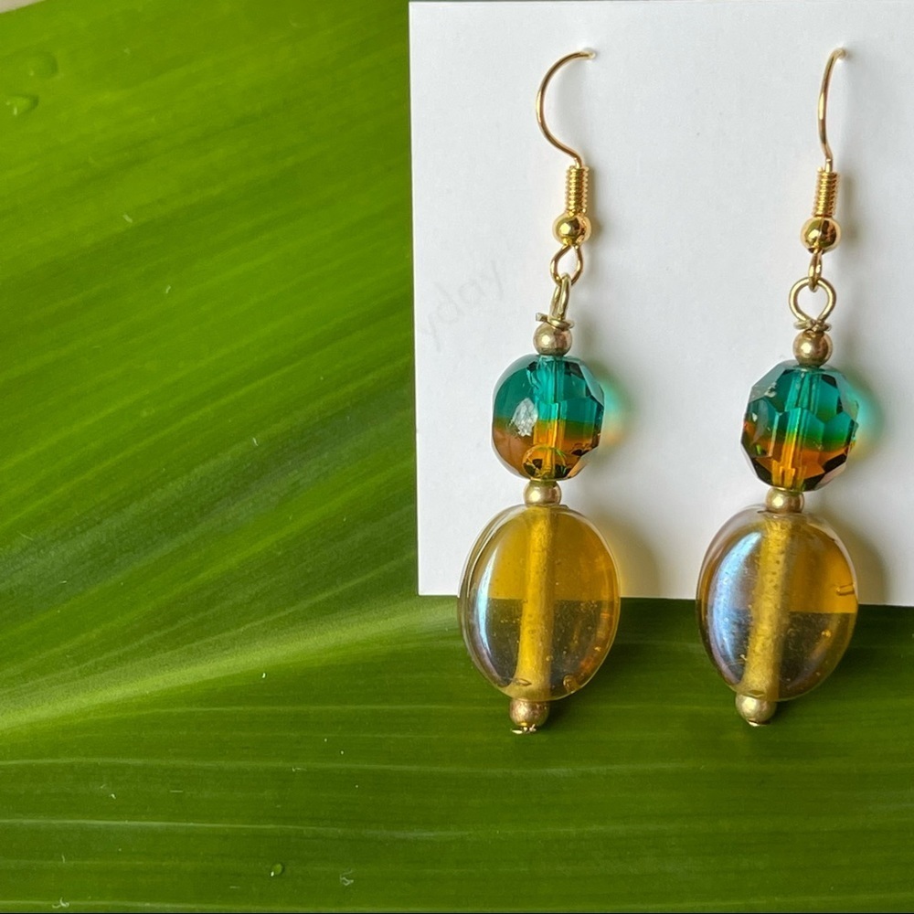 Czech Glass Dangle Earrings Gold Tone Metal Hooks